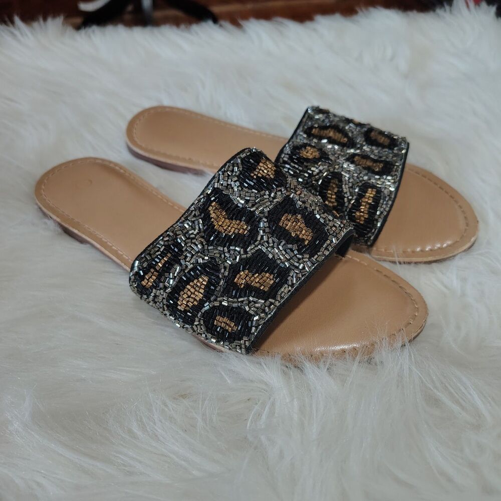 Leopard Print Beaded Wmns Sandal Slides Size 9